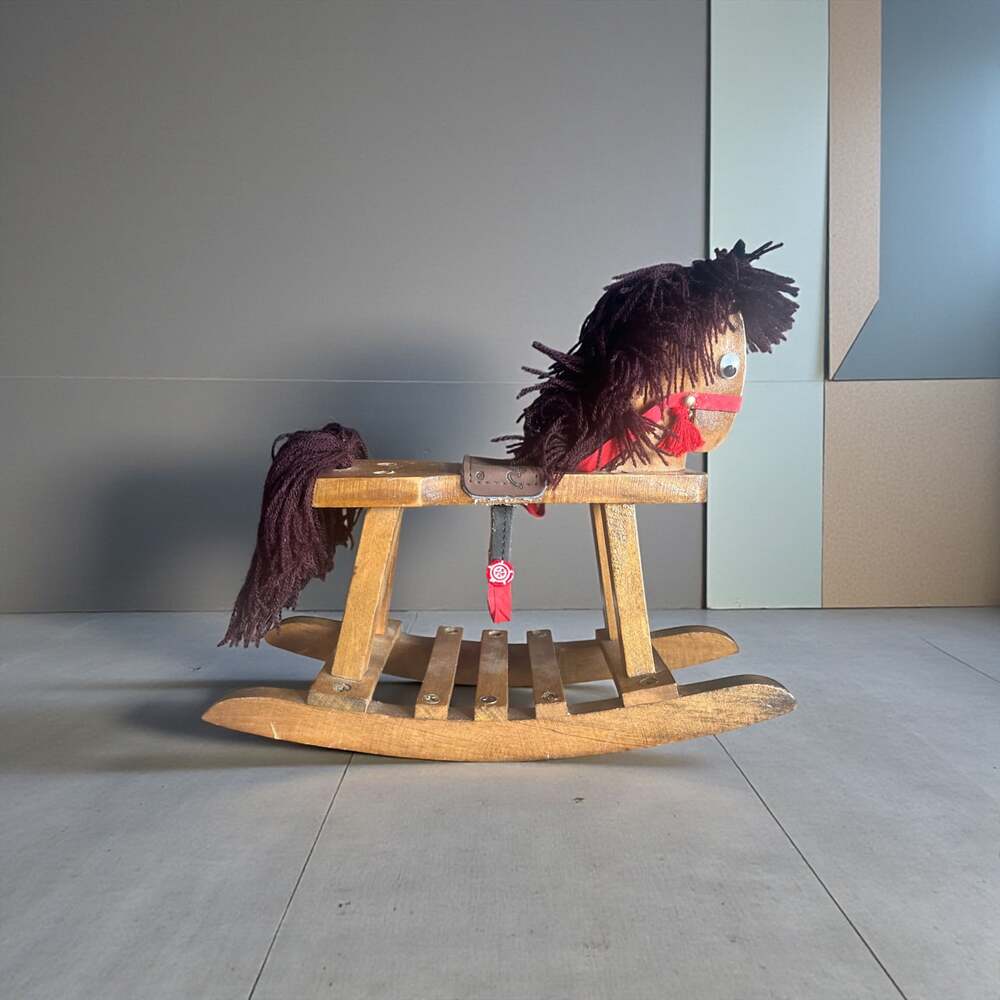 Vintage Wrangler Handmade Wooden Toy Rocking Horse with Yarn Mane and Tail